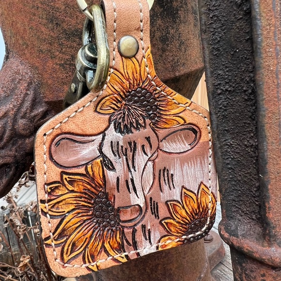 Hand-Tooled Leather Bovine Cow Boho Summer key chain fob gift yellow New Western - Picture 2 of 6